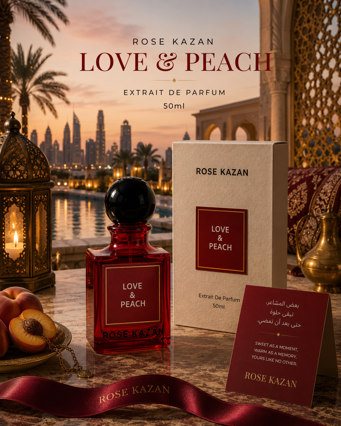 Rose Kazan Love & Peach Extrait de Parfum 50ml bottle and its packaging box, displayed alongside a branded card and a red ribbon in a luxurious setting with a sunset skyline, palm trees, and traditional lanterns.